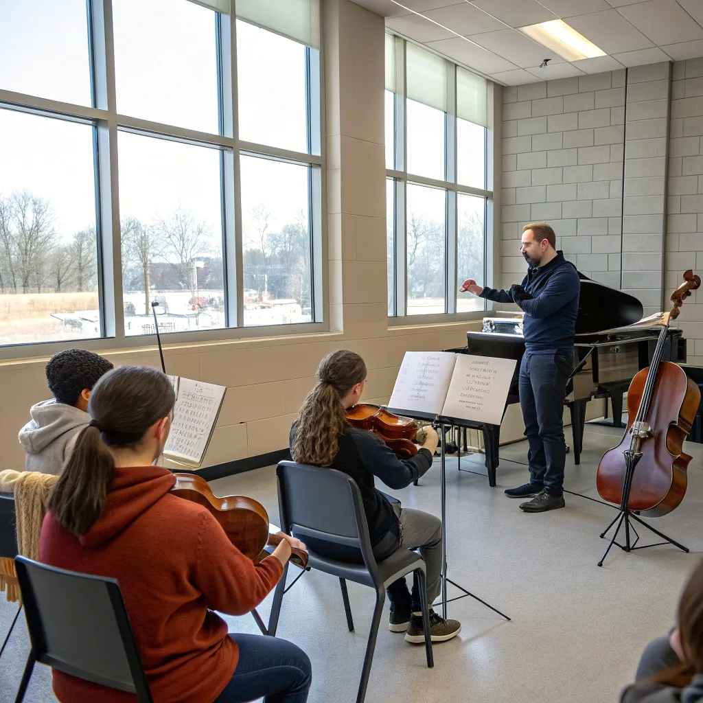 An instructor teaching music students in a classroom at NORLANTH
